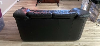 Black Leather Loveseat Sofa, Wood Frame, 2-Seater, High Back, Pad Arm, Modern
