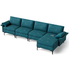 Modern Modular L-shaped Sectional Sofa w/ Outlet  2 USB Ports  Metal Legs Blue