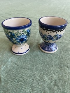 2 X Boleslaweic hand made Polish Pottery Blue Pattern Egg Cups
