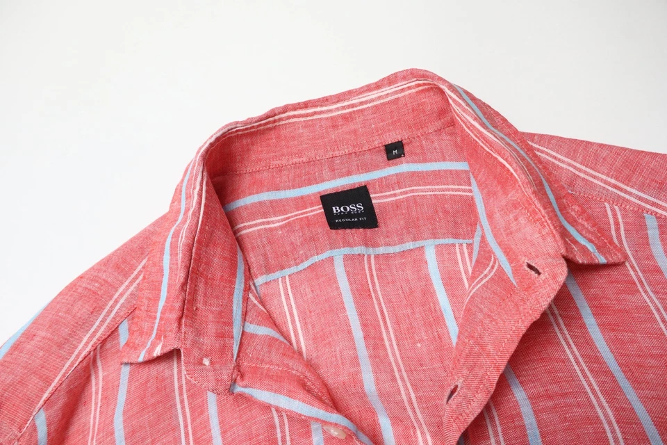 HUGO BOSS Lucas Regular Fit Shirt Men's MEDIUM Linen Striped Button-Up Pink - Image 4 of 4