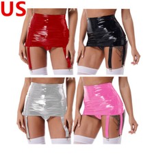 Women's Patent Leather High Waist Miniskirts with Garter Belt Six Metal Clips