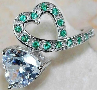 Herz-Ring 2 kt behandelter Smaragd & Topas 925 massiv Sterlingsilber Größe 8 NB1-4