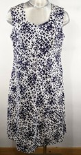 Vintage Schneider Blue White Geometric/Mod Print Zip Front Dress Size 44 US 18