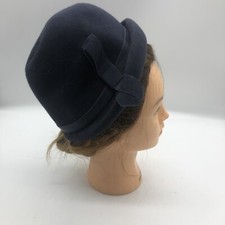 Velour Navy Blue Cloche Hat 1960's Vintage Ribbon Bow Genuine Imported Velour