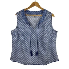 Talbots Floral Sleeveless Top Women's 2X Blue Tassel Tie Coastal Beachy Casual