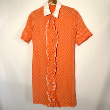 Vintage House Dress Size 6 Orange Polka Dot Button Collared 1960s Mod Short Slv