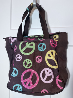 Pottery Barn PB Teens Bag, Tote, Beachbag, Brown, Peace Signs, Zip, Handles