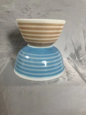 Vintage Pyrex 402 & 403 Rainbow Stripe Blue & Sandalwood  Mixing Bowls