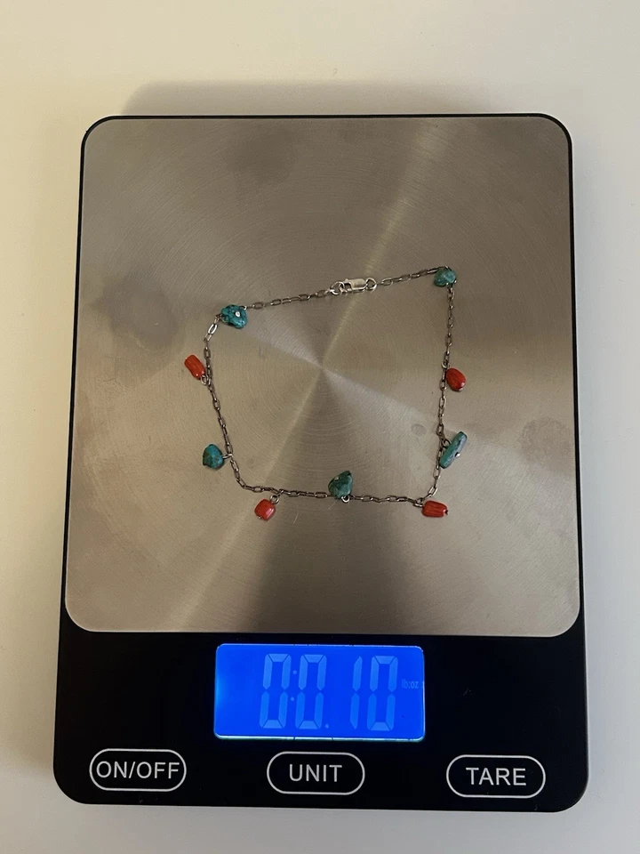 Sterling Silver Anklet South Western Style Turquoise And Coral - Image 3 of 4