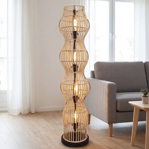 Stehleuchte Bambus Wohnzimmer Metall Schwarz E27 110 Cm Boho Stehlampe Modern-image
