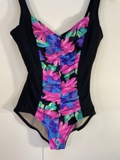 Vintage 80s Slim Suit Swimsuit Black Floral Ruched One Piece Size 12 Made in USA
