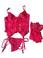 Delicates Vintage 80s Red Sheer Lace Bustier Teddy Set Sz 36 READ