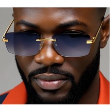 Rimless Rectangle Sunglasses Gold Frame Gray Lens Fashion Men Street Hip Hop New