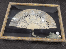 Antique Victorian Era Hand Painted Silk Carved Professionally Framed Hand Fan