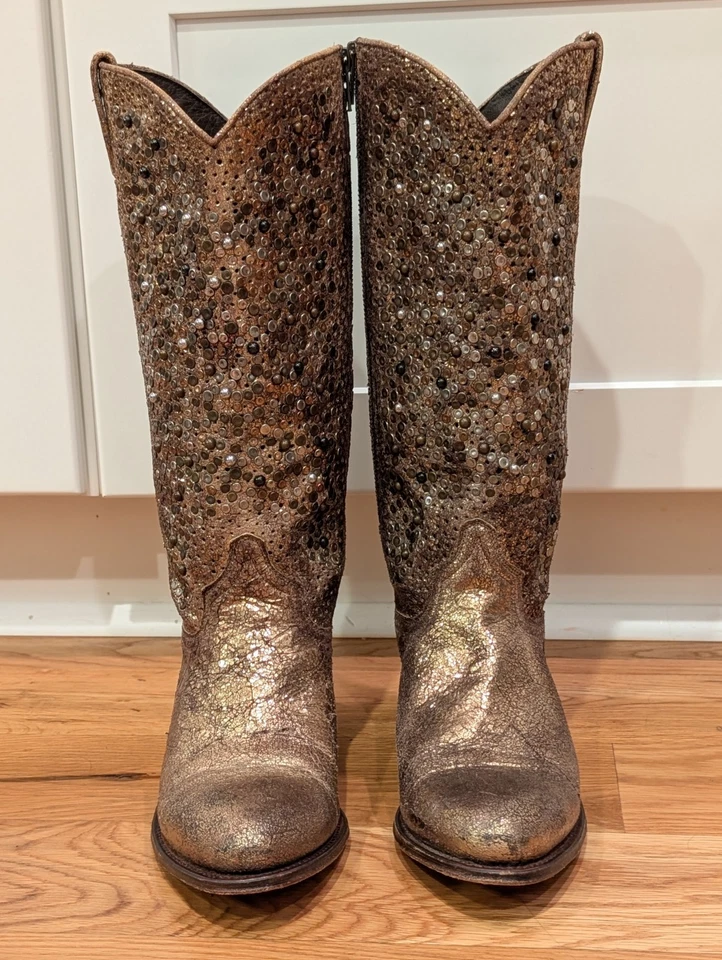 Botas de Vaquero Frye Deborah Tachonadas Altas Dorado Cuero Metálico Para Mujer Talla 8 Foto 4 de 4