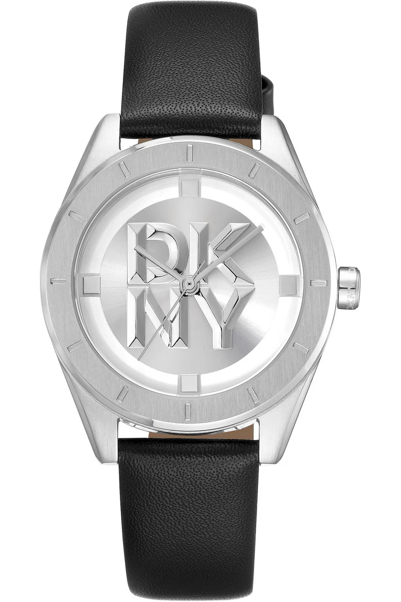Montre Femme DKNY - Lunette Rectangle Noir, Bracelet Cuir Verni, Acier Inox - État Impeccable