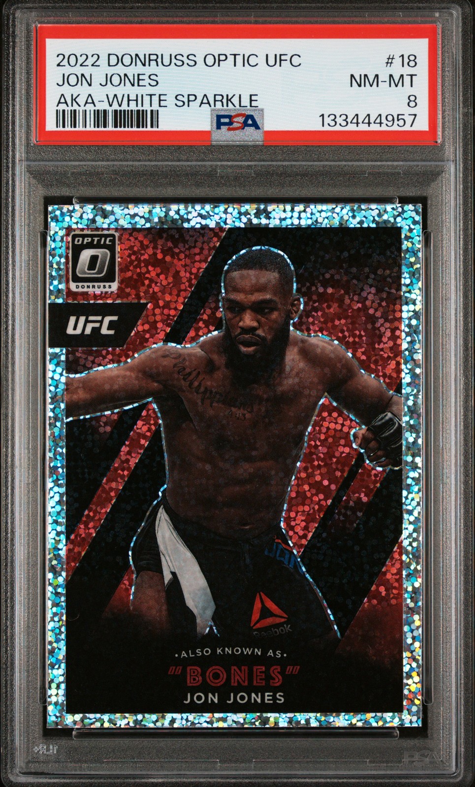 2022 PANINI DONRUSS OPTIC UFC ALSO KNOWN AS WHITE SPARKLE #18 JON JONES PSA 8