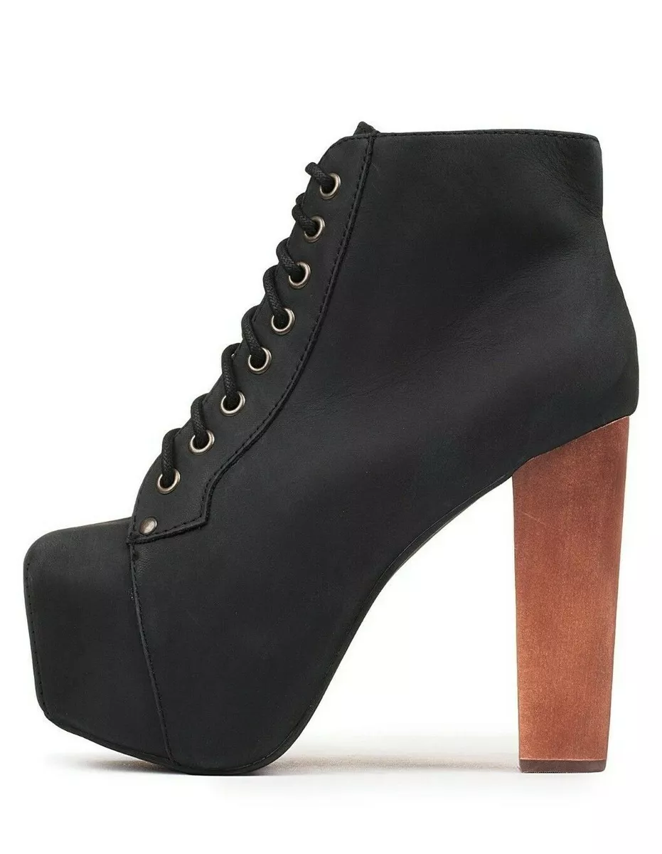 Jeffrey Campbell Lita Black Distressed Leather Wood Heel Platform Lace Up Boots