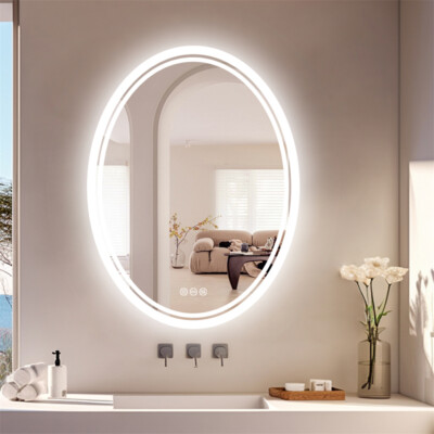 WISFOR Large Oval 3 Color LED Bathroom Vanity Mirror Memory Waterproof Anti-fog