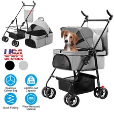 Pet Dog Stroller Travel Carriage 4 Wheeler w/Foldable Carrier Cart  Cup Holder
