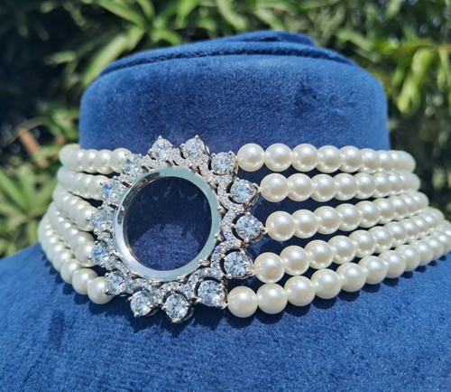 5 Row Pearl choker Necklace with semi mount Diamond or Gemstone in 925 Silver - Picture 2 of 6