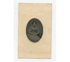 TINTYPE STUDIO PORTRAIT LADY W/ STRIPED BOW, 1/16 PLATE, PERIOD MAT