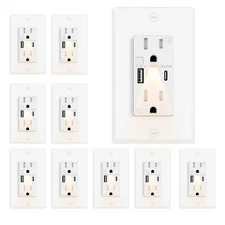 10-Pack White LED Night Light Outlets, 24W USB C+A, 4.8A, Fast Charging, On/Off