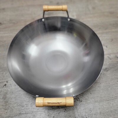 Taylor & Ng Classic Wok , 15'' flat bottom, Carbon Steel ( two wooden  handle)