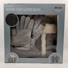 Grey Knit Slipper Boots Sz 9-10 Wayland Square Woman's Memory Foam W Gloves NIB