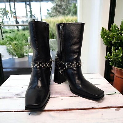 The Kooples Leather Boots Silver Stud Spikes Chains Women SZ 7.5-8 Booties Black