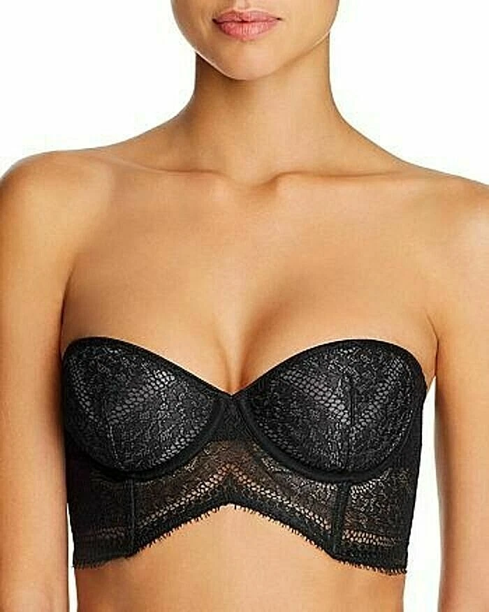 Calvin Klein Black Medallion Lace Lightly Lined Longline Strapless Bra 38C  NWT