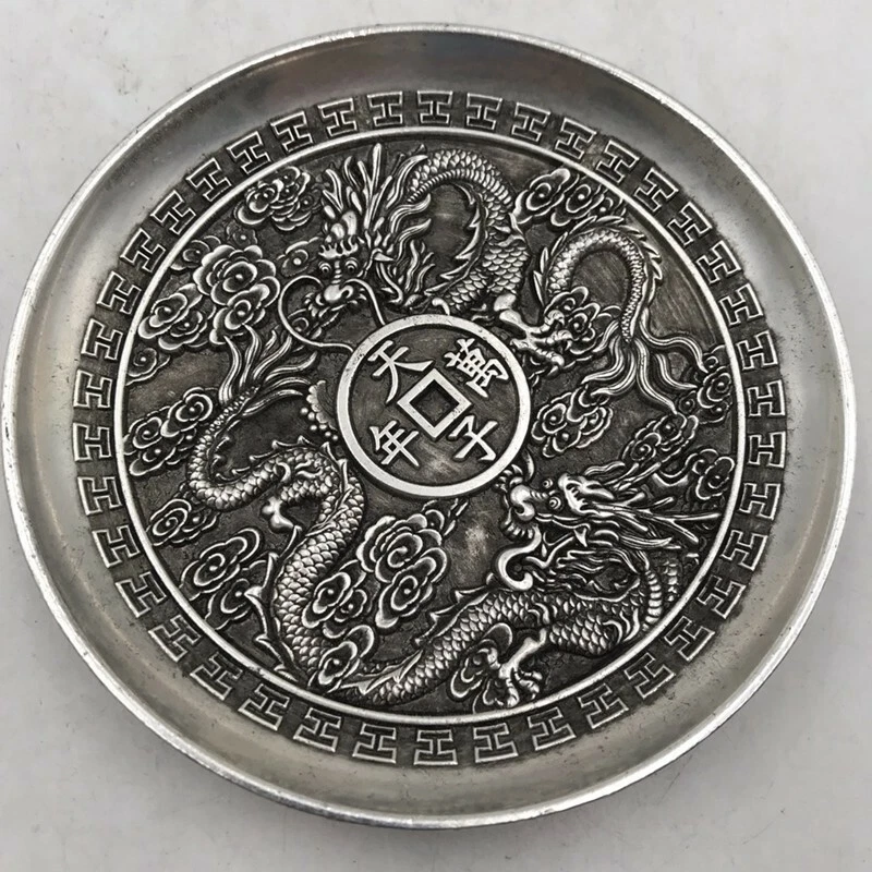 Exquisite Chinese tibet silver handcarved double Dragon plate decoration Foto 2 de 4