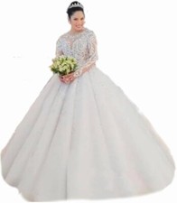 GREOENEL AMOR O-Neck Long Sleeve Buttons Up Back Sparkly Beading Wedding Dress