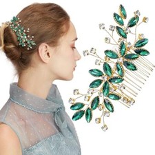 Green Crystal Bride Wedding Hair Side Comb Green Leaf Rhinestone Gold Hair
