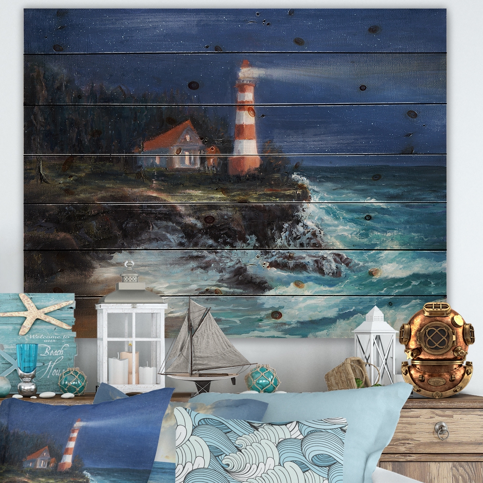 Designart 'Lighthouse Shining Over Ocean At Night' Nautical