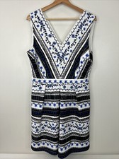 CeCe Women’s 14 White Black Blue Floral Embroidered Sleeveless Pocket Dress