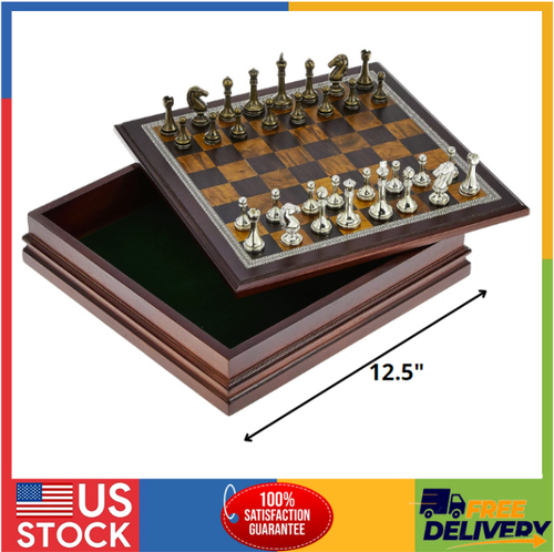 Metal Chess Set with Deluxe Wood Board and Storage - 2.5" King, Gold/Silver/B...
