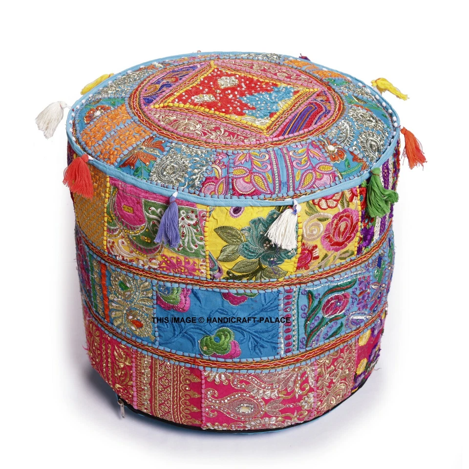 Indian Vintage Patchwork Pouf Ottoman Round Ottoman Cover Footstool Ethnic 18" - Image 2 of 3