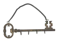 Vintage Distressed Solid Brass Skeleton Key Shaped Wall Key Holder 4 Hooks 8"