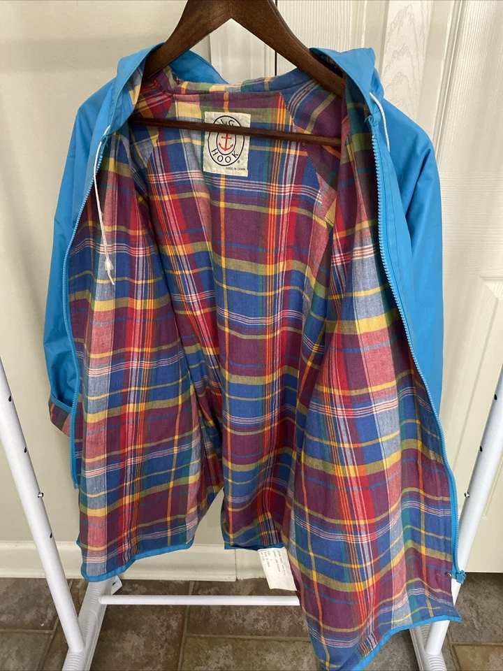 Casaco de chuva vintage JG HOOK PVC capuz forrado de algodão com zíper bolsos azul grande - Imagem 3 de 4