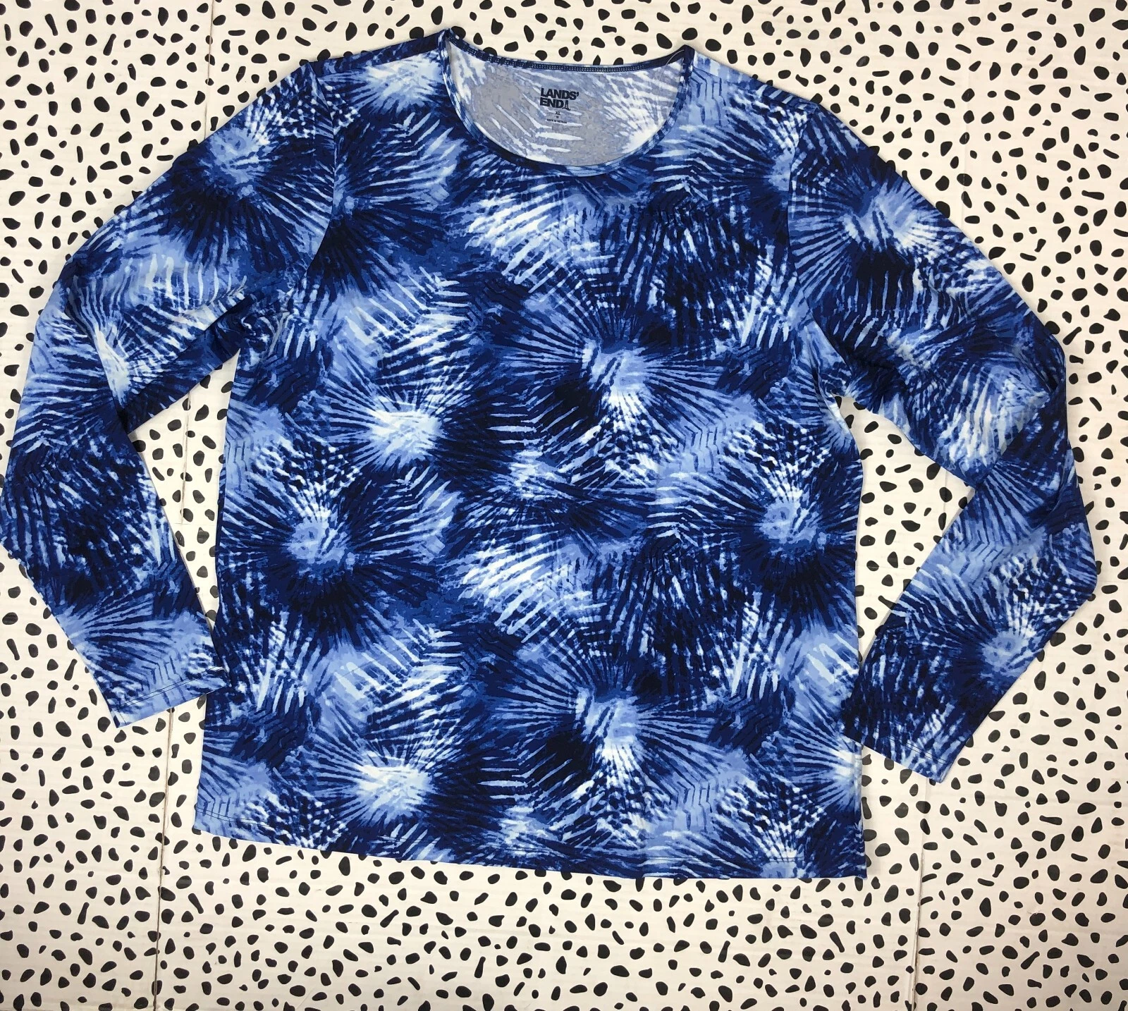 Lands End Navy Blue Tie Dye Long Sleeve Sun Shirt UPF SWIM TEE XL Rashguard