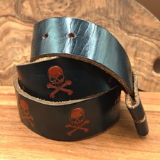 Red Skull Black Tooled Stamped Leather Biker Belt Size 34