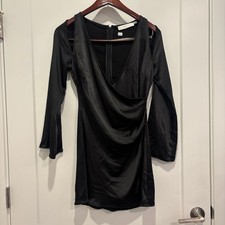 ASTR The Label Black Satin Cold Shoulder Wrap Mini Dress Long Sleeve Small