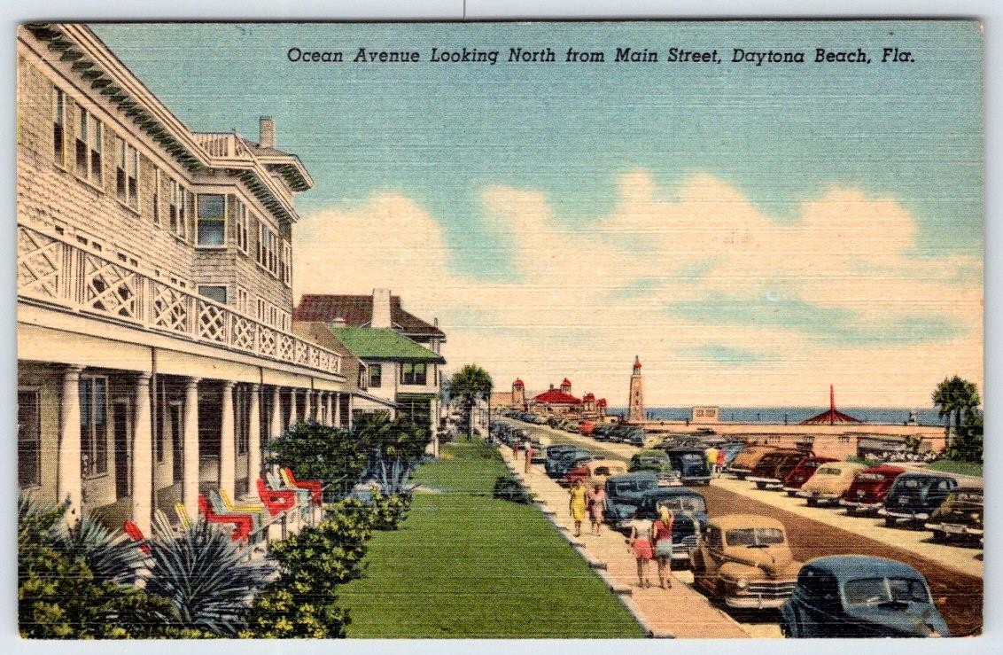 1954 OCEAN AVENUE NORTH from MAIN STREET DAYTONA BEACH FLORIDA LINEN POSTCARD