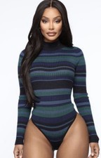 Fashion Nova Women  s Blue/Green/Black Striped Bodysuit Size L
