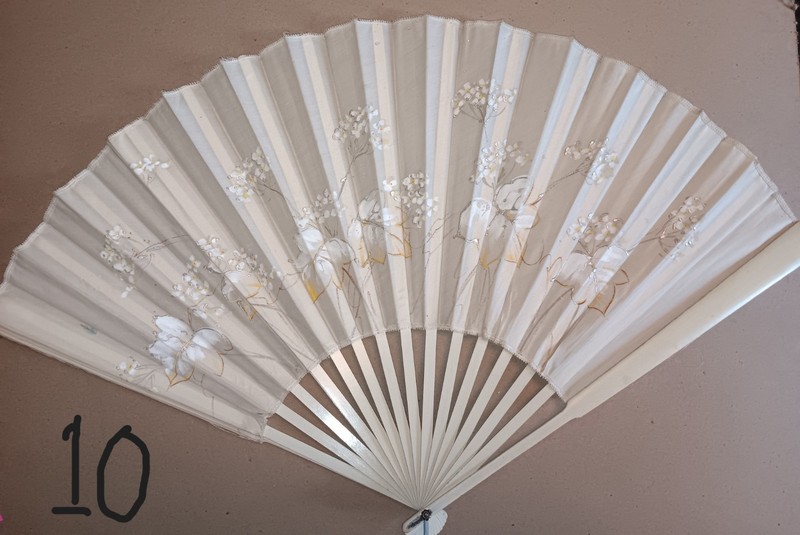 Antique Victorian 1890s China Leaves Hand Painted Silk & Lace Fan #10