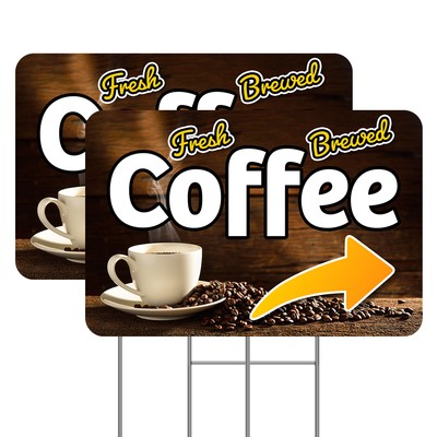 Fresh Brewed Coffee (Arrow) 2 Pack Double-Sided Yard Signs 16'' x 24'' with Metal 