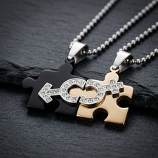 EDELSTAHL PARTNER KETTEN ANHÄNGER PUZZLE PAAR KETTE ZIRKONIA GESCHENK SCHMUCK