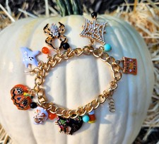 Halloween Charm Bracelet Jewelry Party Fun Pumpkin Spider Witch 9" Adjustable