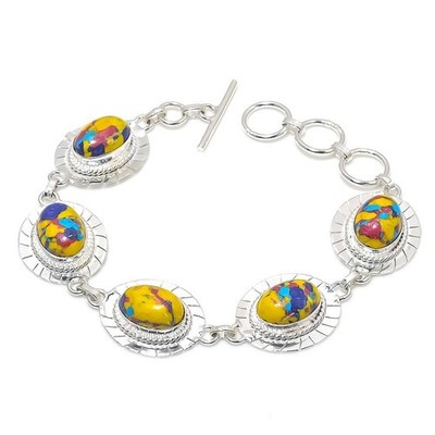 Mosaik Jaspis Edelstein Handarbeit 925 Sterlingsilber Schmuck Armband Größe 7...